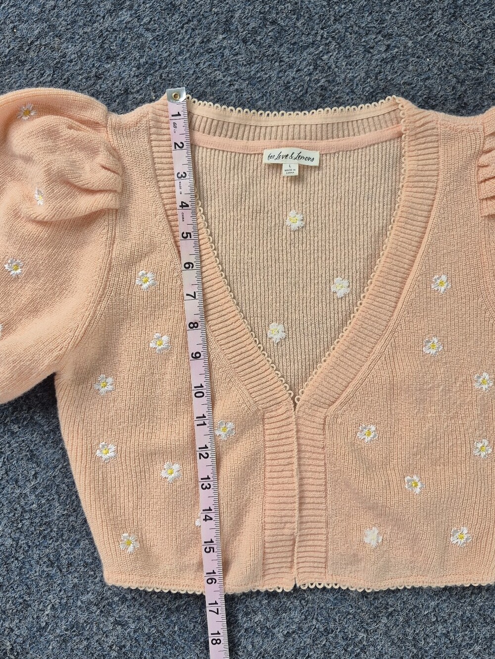 For Love & Lemons Embroidered Buds Puff Sleeve Cropped Cardigan M - Picture 9 of 15
